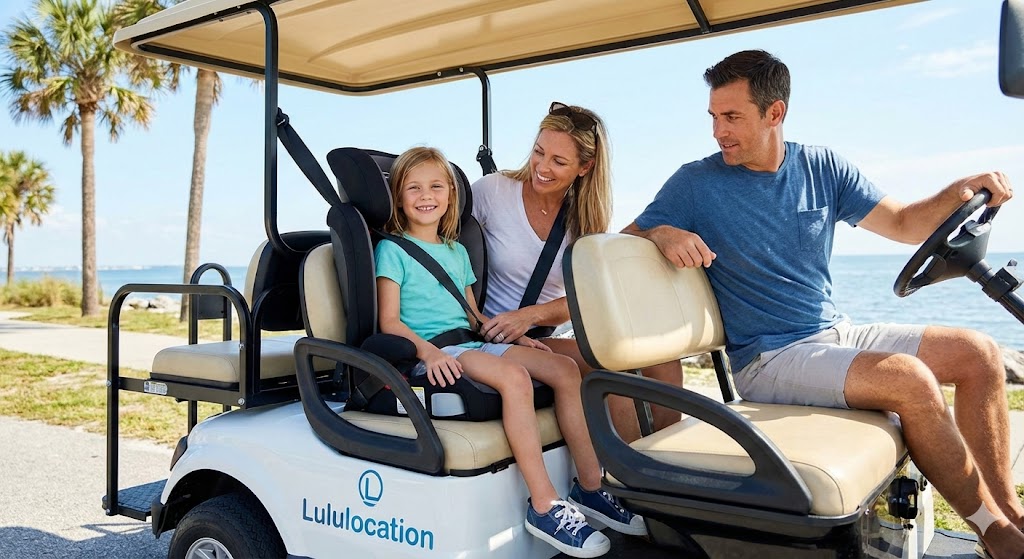 Famille souriante dans une voiturette de golf près de la mer.
