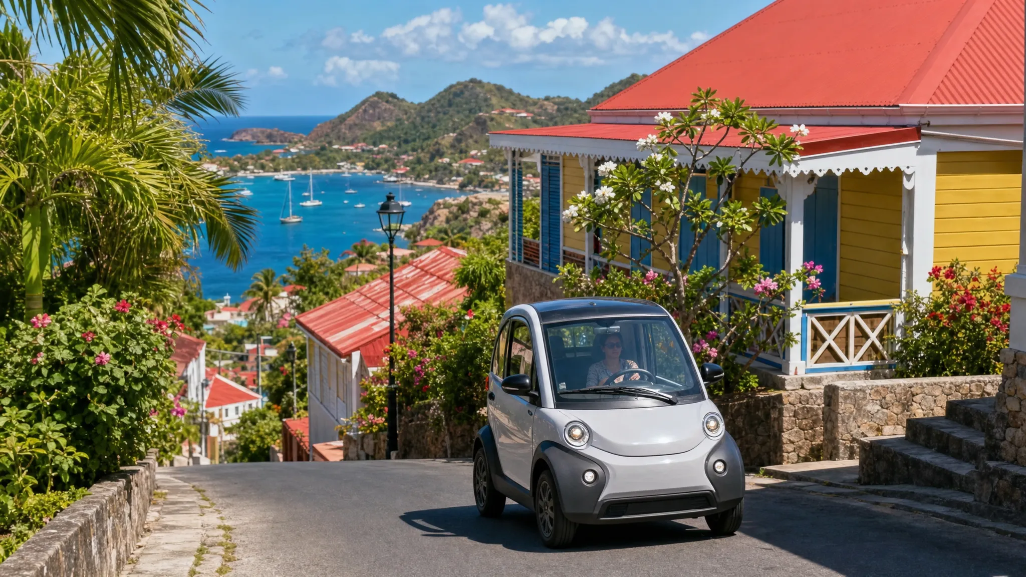 Une voiturette &eacute;lectrique compacte roule sur une route &eacute;troite de Terre-de-Haut, avec des fa&ccedil;ades cr&eacute;oles color&eacute;es, des arbres tropicaux et la baie des Saintes en arri&egrave;re-plan.