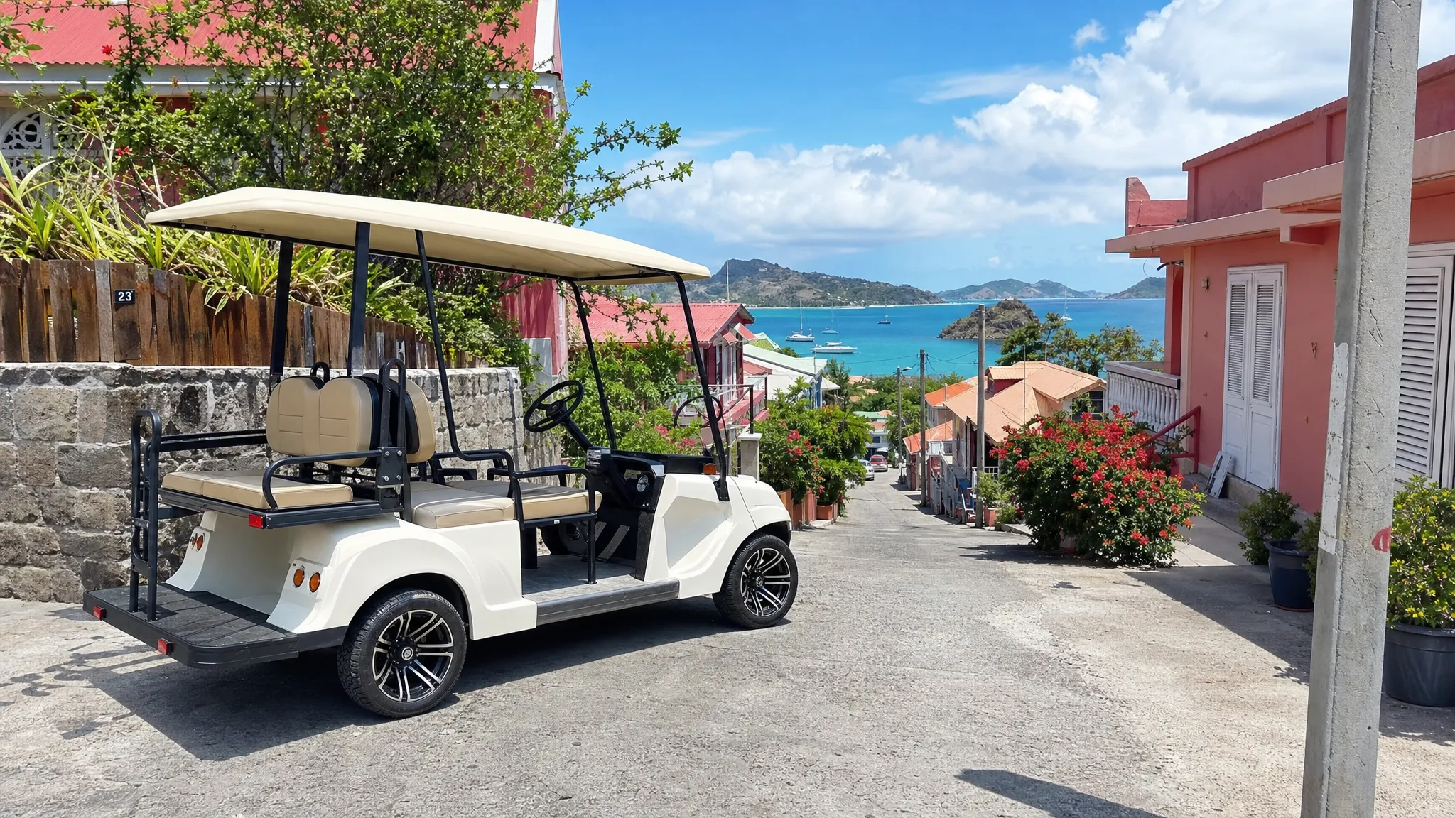 Une voiturette &eacute;lectrique 4 places stationn&eacute;e devant une petite mont&eacute;e de Terre-de-Haut, avec des maisons color&eacute;es et un aper&ccedil;u de la mer au loin.