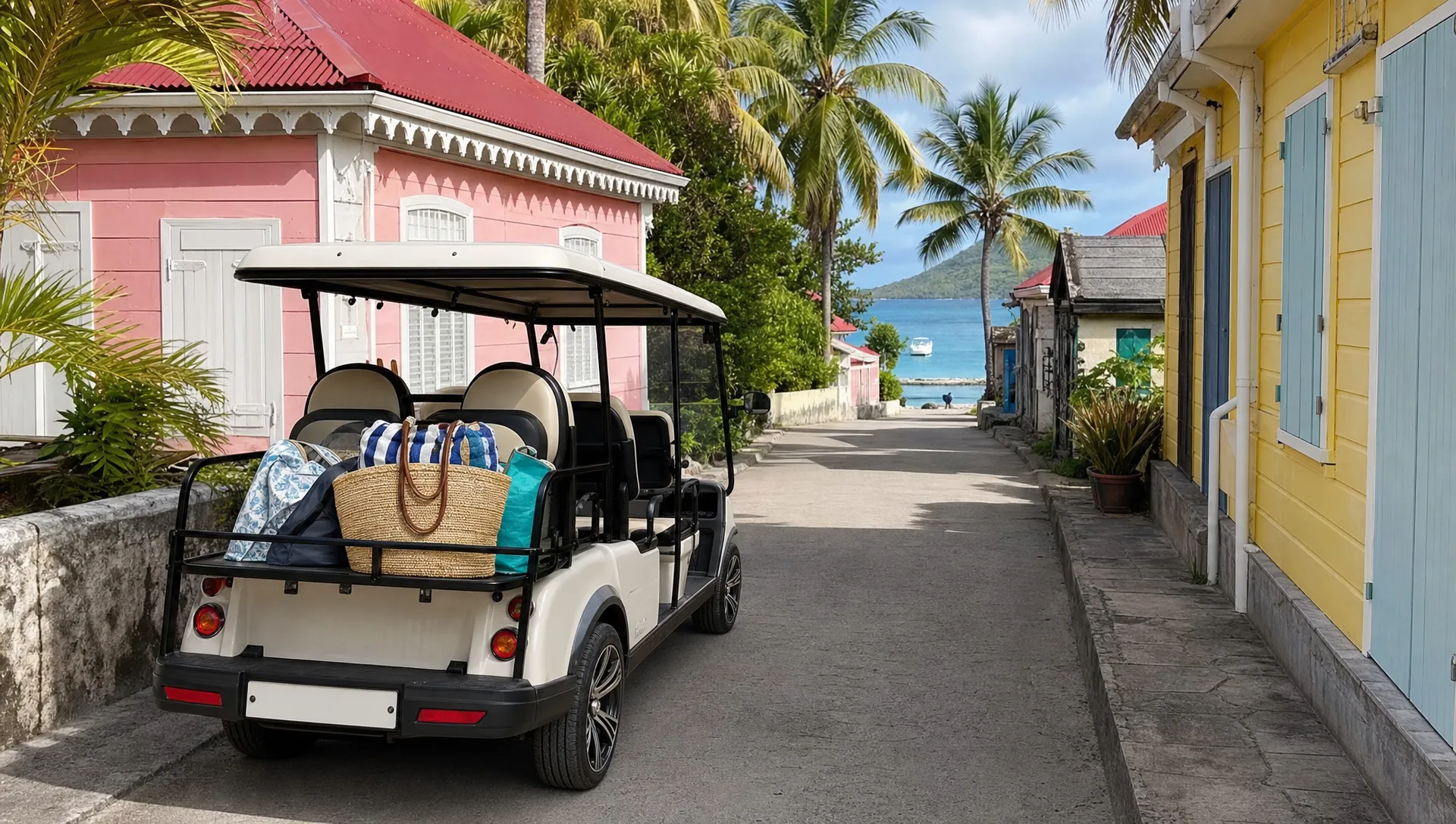 Une voiturette électrique 4 places stationnée dans une petite rue créole de Terre-de-Haut, avec des façades colorées, quelques palmiers et la mer au loin, des sacs de plage rangés à l’arrière pour partir en visite.