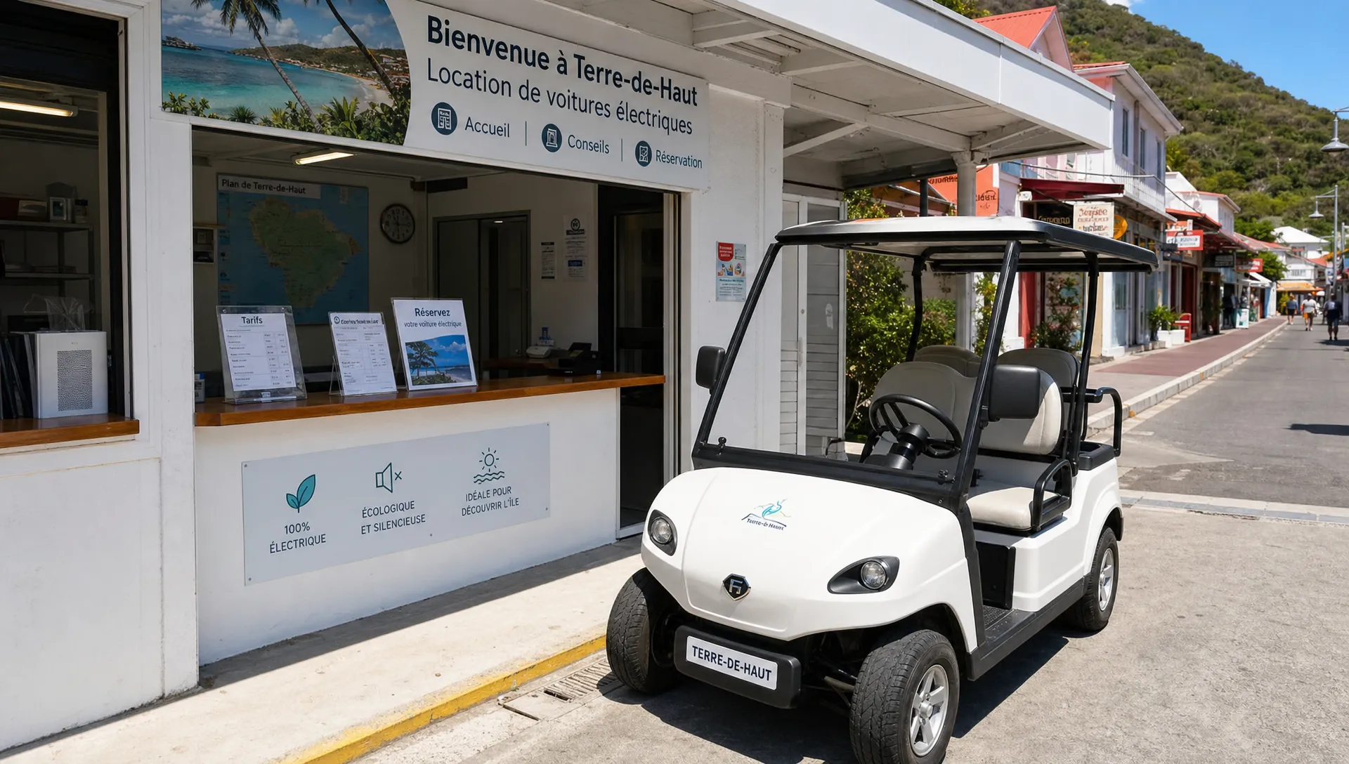 Une voiturette électrique blanche garée devant un point d’accueil de location à Terre-de-Haut, avec un comptoir de service, des documents de réservation et la rue du bourg en arrière-plan.
