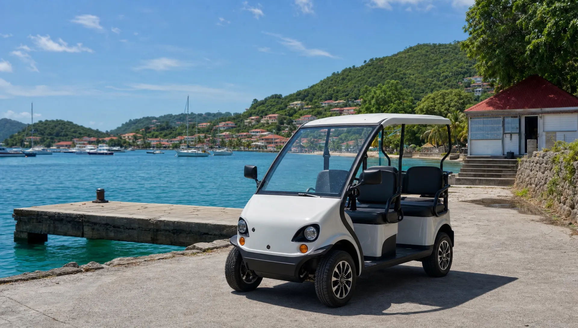 Une voiturette électrique 4 places stationnée près d’un petit quai à Terre-de-Haut, avec la mer des Saintes, des bateaux au loin et le bourg en arrière-plan.