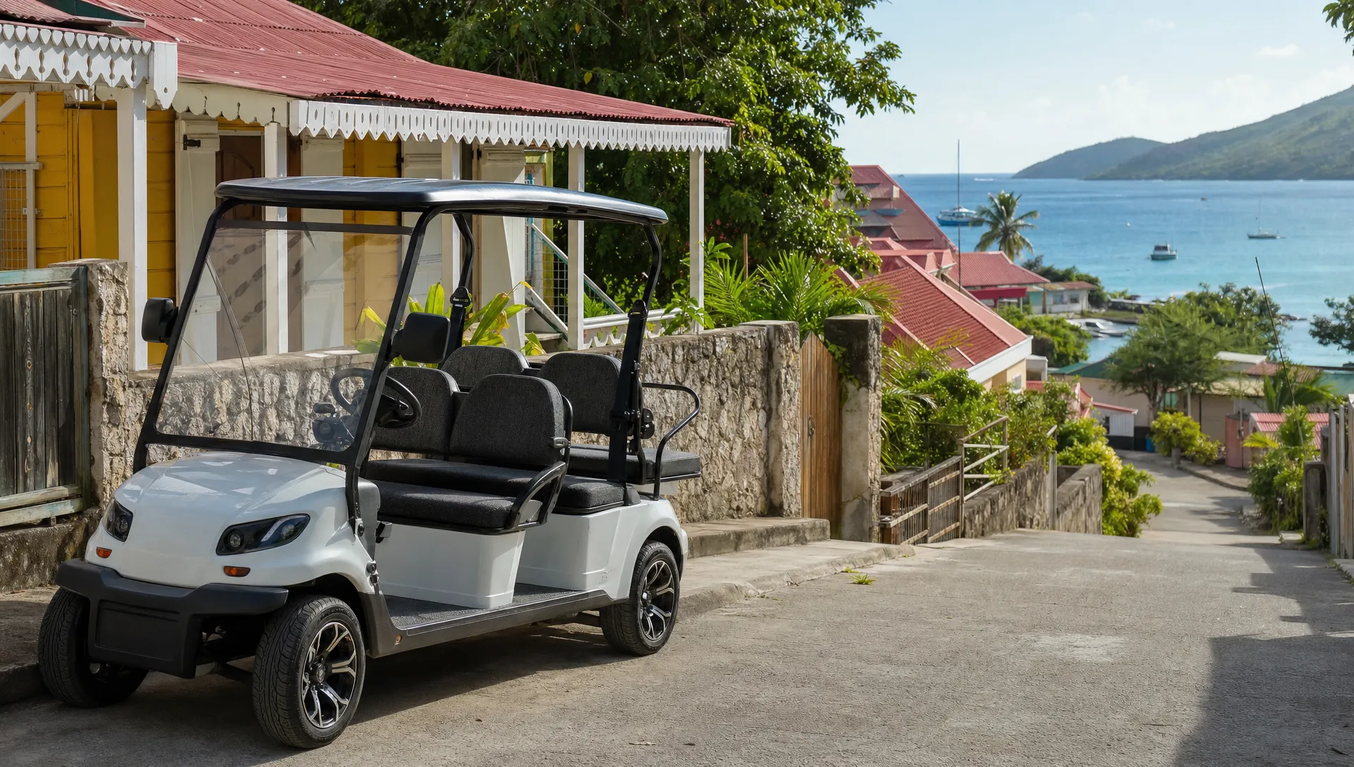 Une voiturette électrique 4 places stationnée près d’une rue calme de Terre-de-Haut, avec des maisons créoles colorées et la mer au loin.