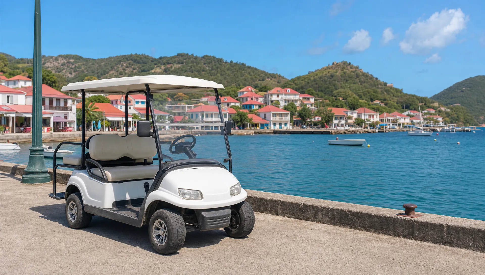 Une voiturette électrique blanche attend près du quai de Terre-de-Haut, avec les maisons du bourg et la mer des Saintes derrière.