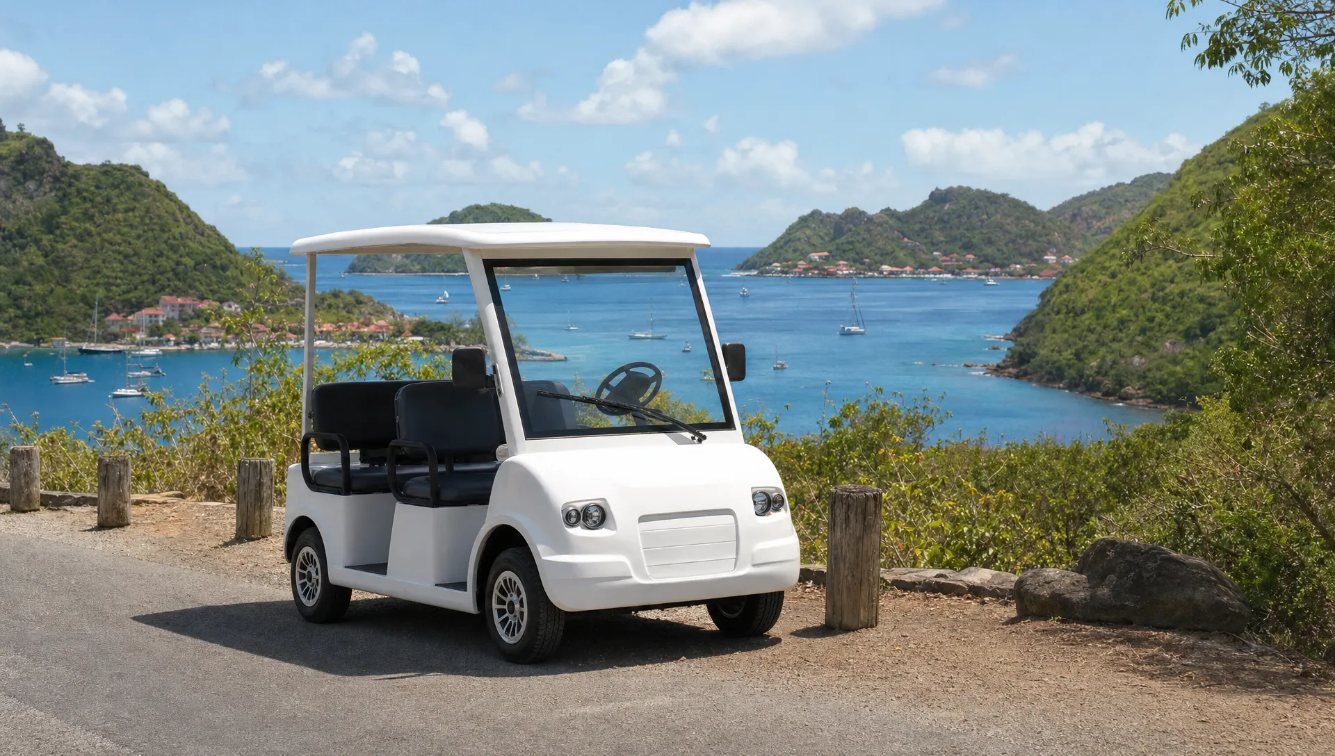 Une voiturette électrique blanche attend près d’une route de Terre-de-Haut, avec la mer et les collines des Saintes derrière elle.