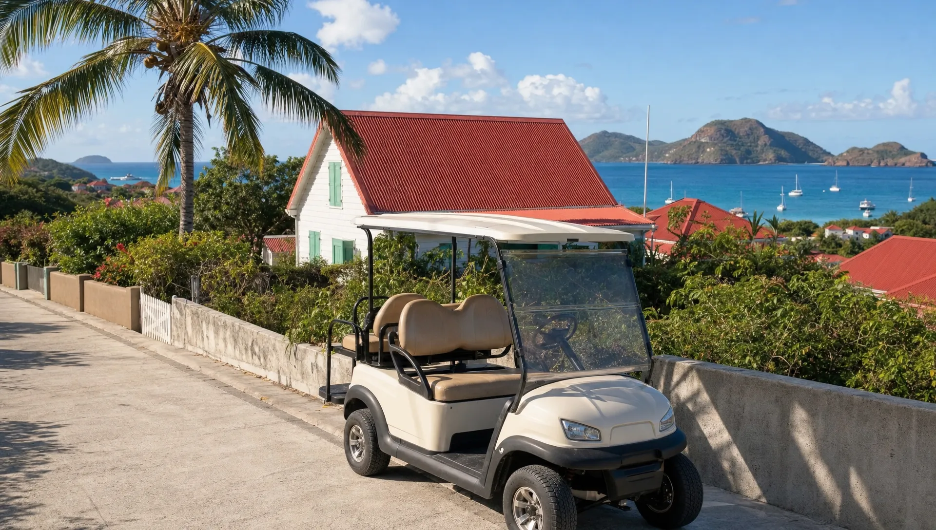 Une voiturette électrique claire est stationnée près d’une route de Terre-de-Haut, avec des maisons créoles, des palmiers et la mer des Saintes derrière.