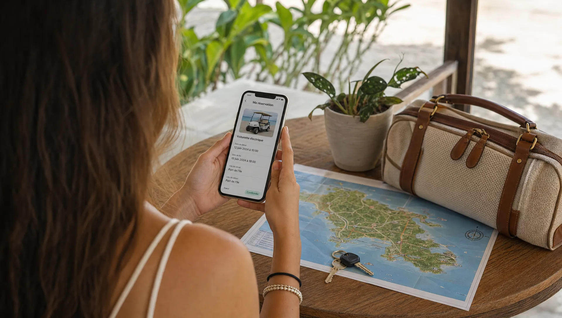 Une voyageuse consulte une réservation de voiturette électrique avec un téléphone, une carte de l’île, des clés et un sac de voyage sur une table.