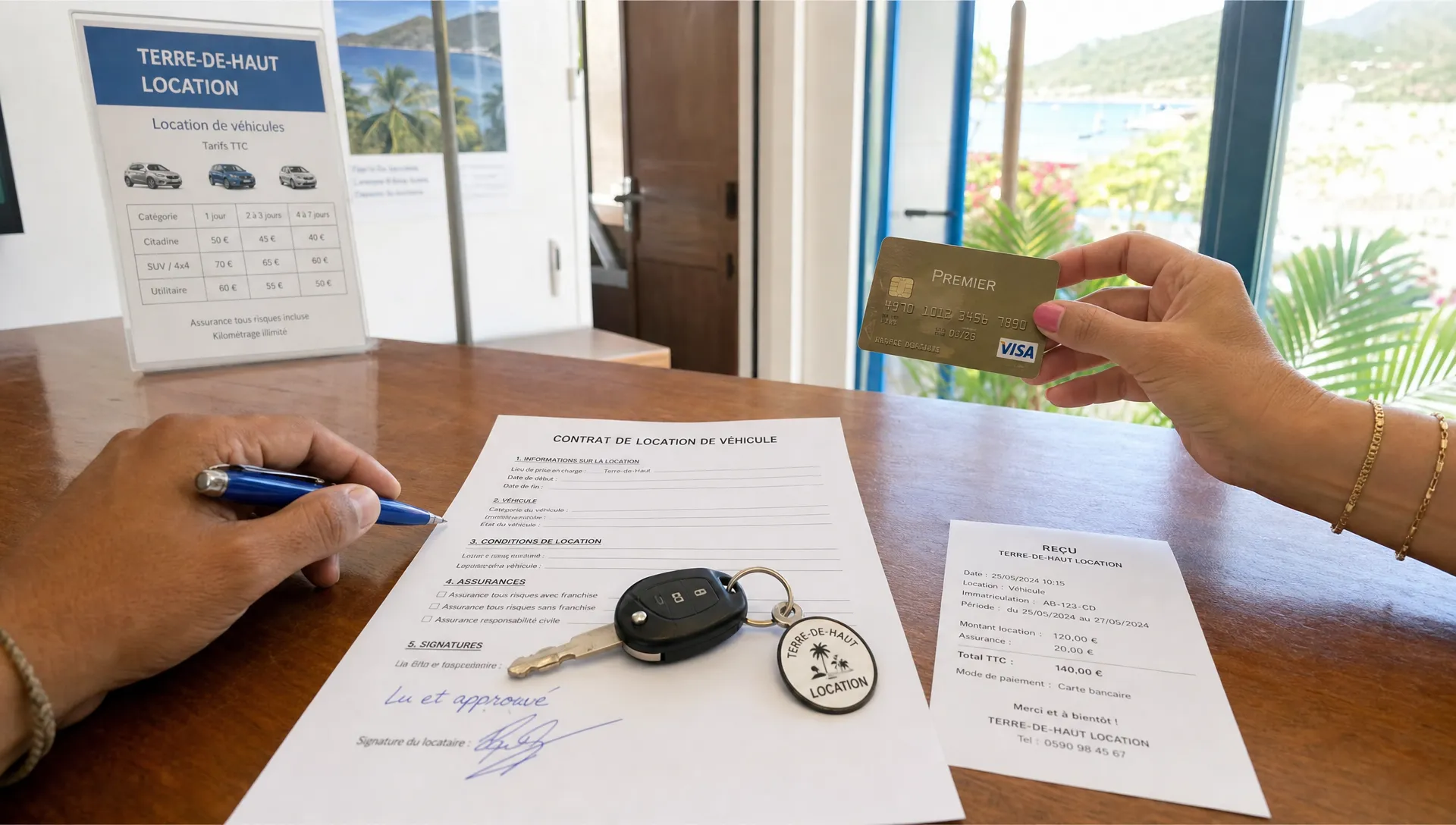 Comptoir de location à Terre-de-Haut avec contrat, carte bancaire, clés et reçu pour vérifier les conditions d’une location voiture paiement sur place.