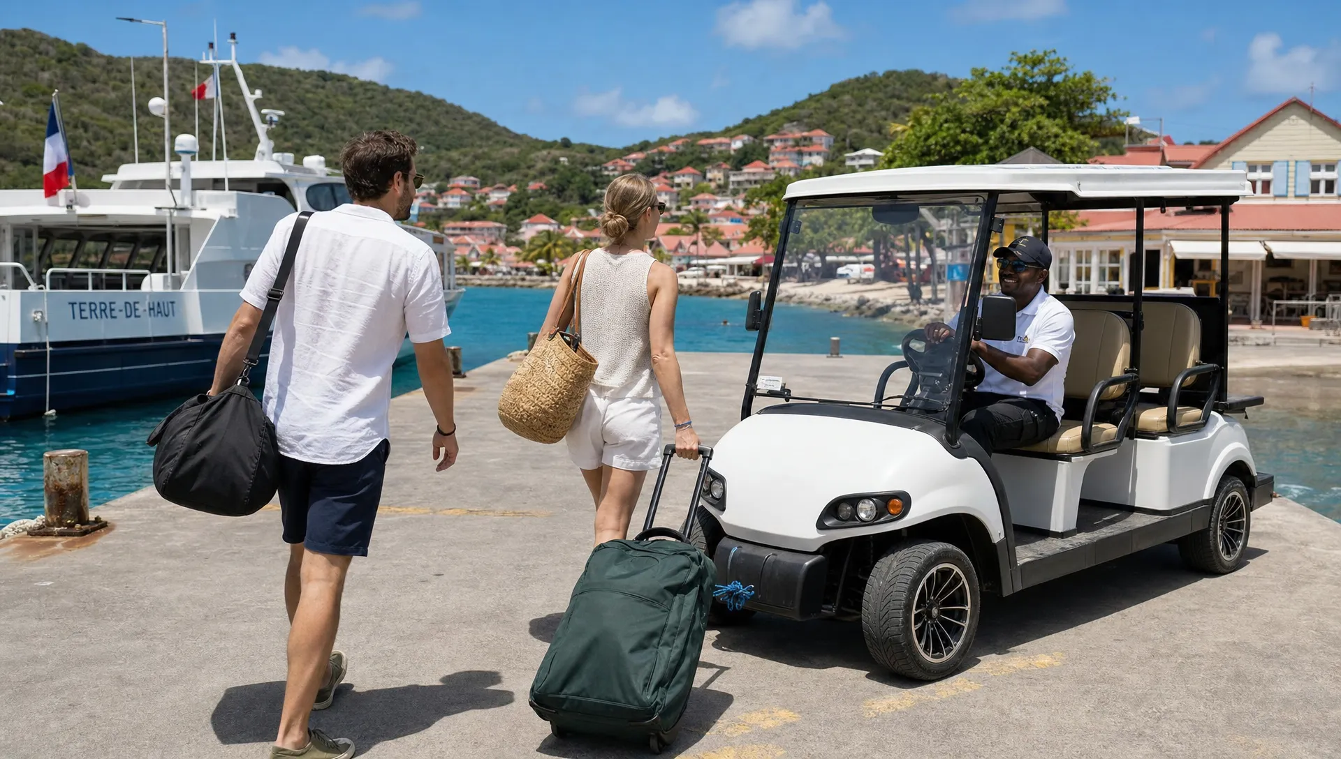 Un couple arrive au quai de Terre-de-Haut avec des sacs légers, pendant qu’une voiturette électrique l’attend près du port pour un retrait coordonné.