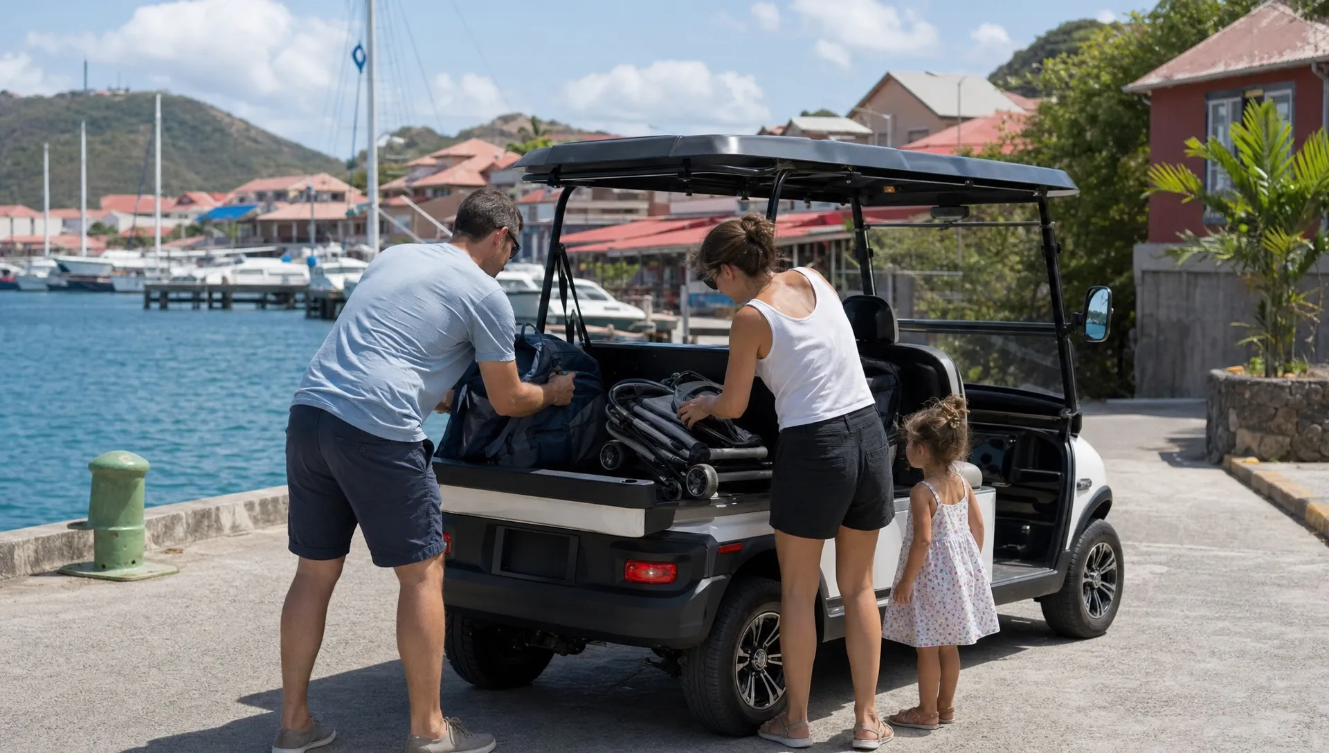 Une famille charge des sacs souples et une poussette pliée dans une voiturette électrique compacte à Terre-de-Haut, avec le port derrière elle.