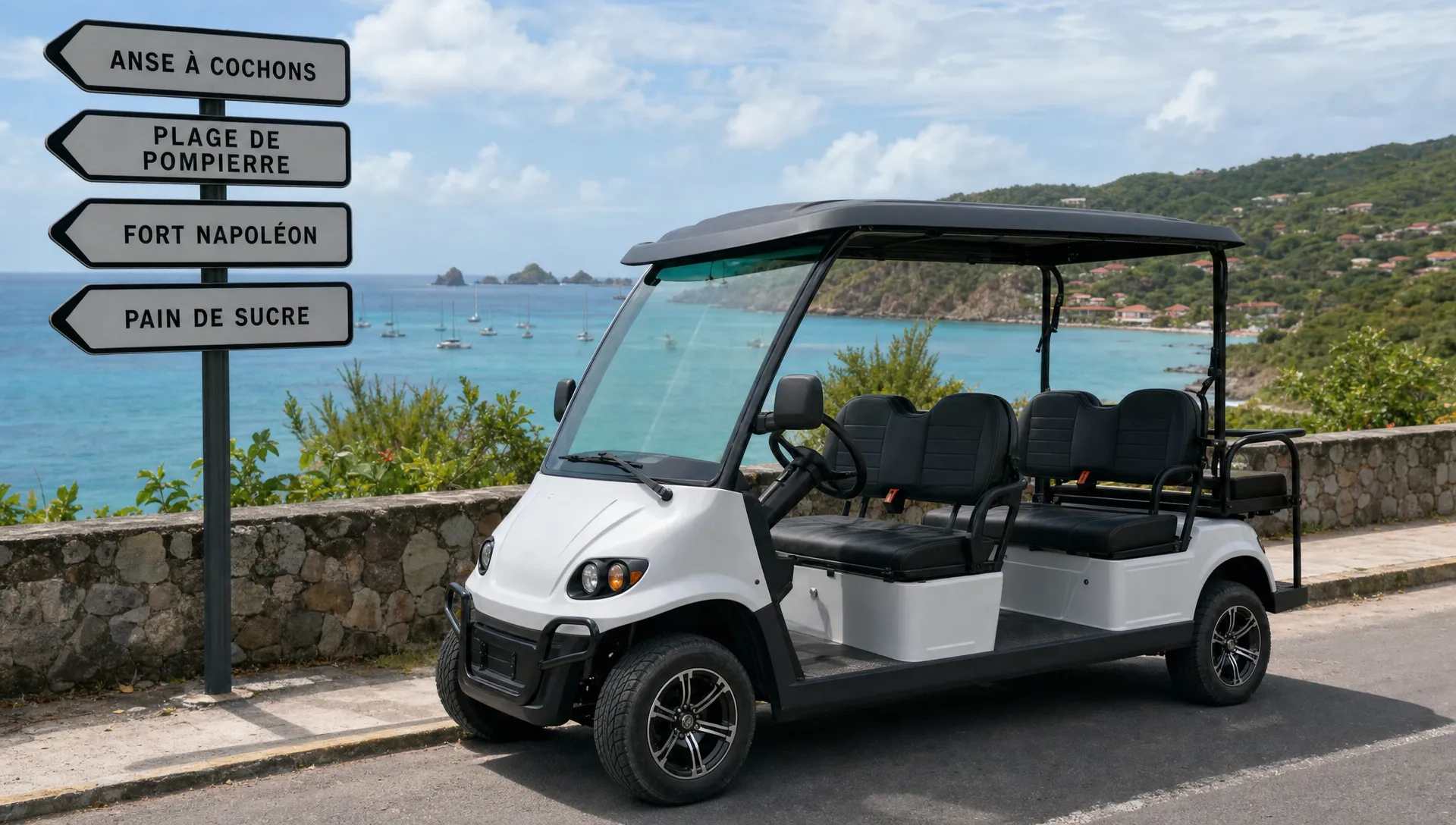 Une voiturette électrique 4 places est stationnée à Terre-de-Haut près d’un panneau routier, avec la mer en arrière-plan.