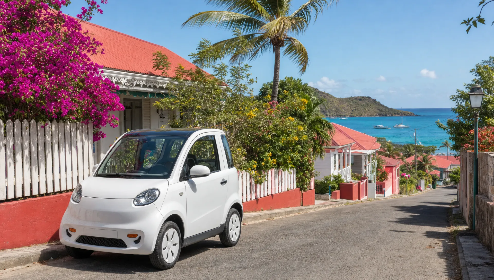Une voiturette électrique blanche est stationnée dans une rue de Terre-de-Haut, avec des maisons créoles, des palmiers et la mer au loin.