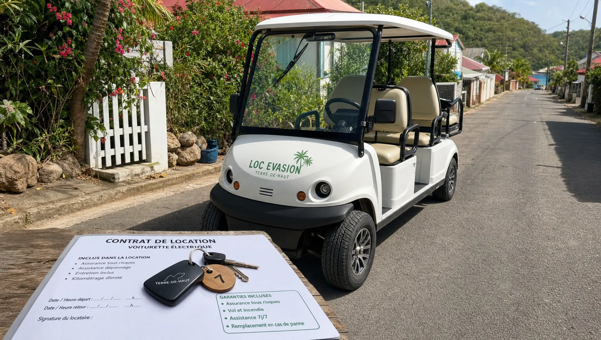 Une voiturette &eacute;lectrique de location est gar&eacute;e pr&egrave;s d&rsquo;une rue calme de Terre-de-Haut, avec le contrat et les cl&eacute;s visibles pour illustrer l&rsquo;assurance et les garanties.