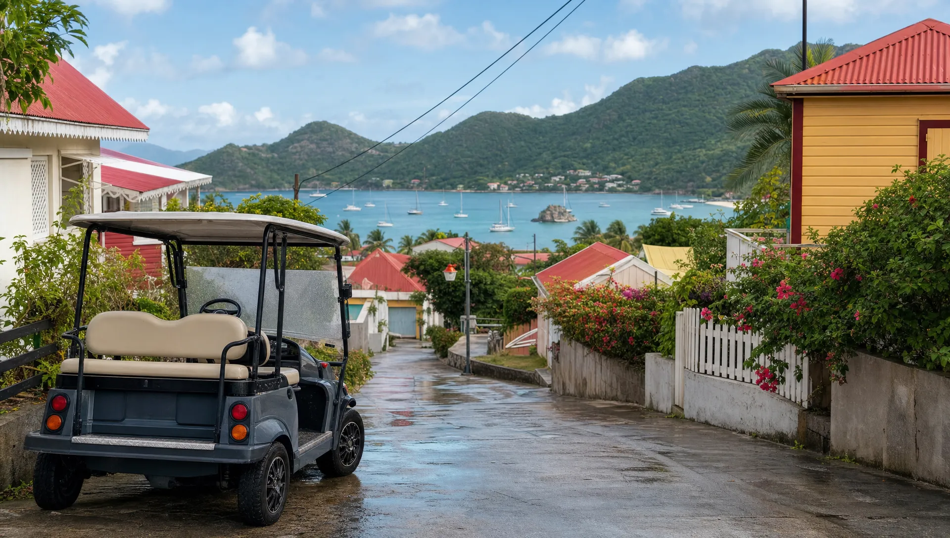 Une voiturette électrique stationnée sur une petite route humide de Terre-de-Haut après une averse, avec des maisons colorées et la baie des Saintes au loin.