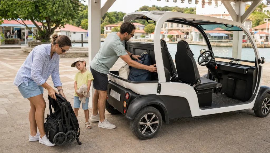 Voiturette &agrave; Terre-de-Haut : voyager avec valises et poussette